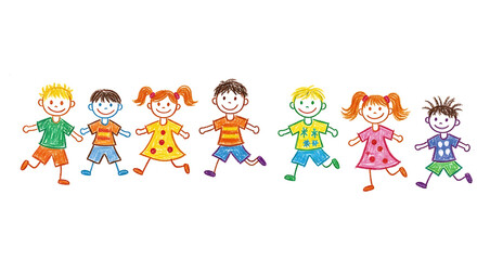 Fototapeta premium Naive children's drawing of happy kids running together in colorful clothing. Playful children are illustrated in vibrant colors with crayons, showcasing cheerful expressions while having fun.