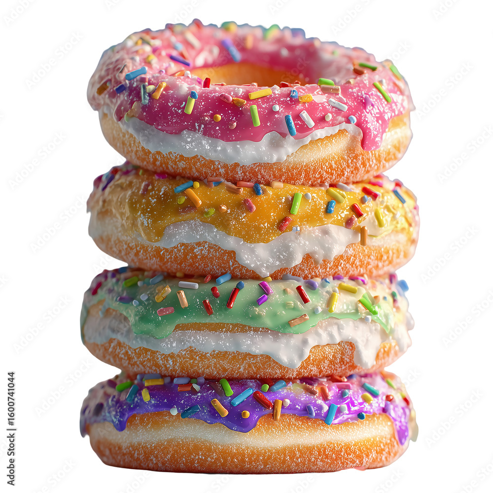 Poster a stack of four colorful donuts with sprinkles against a black background isolated on transparent ba