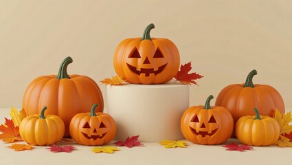 Halloween Pumpkin Ensemble: A captivating ensemble of glowing jack-o'-lanterns and autumn leaves, evoking the spooky spirit of Halloween. 