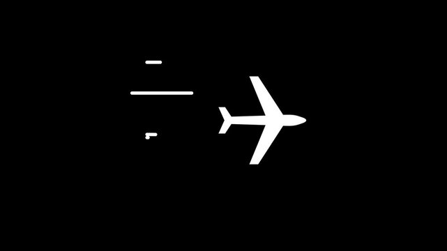 Airplane icon animation. black color plane and air currents. Alpha channel and black background.