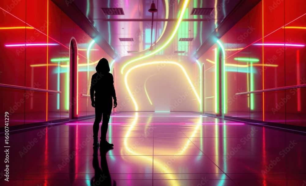 Poster silhouette of a person standing in a vibrant futuristic corridor with neon lights reflecting on glos