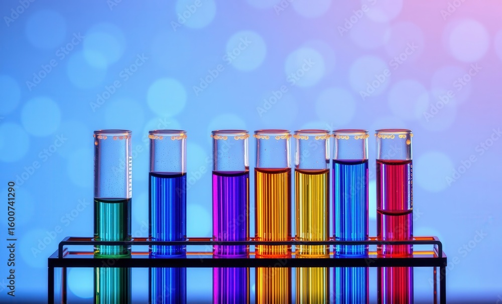 Poster multiple test tubes with colorful liquid solutions against a bokeh blue background signifying resear