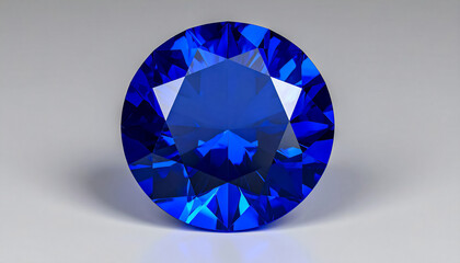 SAPPHIRE in a faceted ROUND shape lies on a grey surface; flat lay; wallpaper
