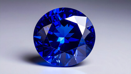 SAPPHIRE in a faceted ROUND shape lies on a grey surface; flat lay; wallpaper