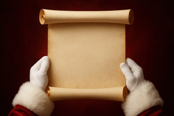 santa claus hands holding blank scroll for christmas wishes with festive red background conveying holiday spirit and anticipation