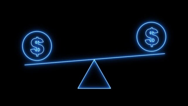 animated footage of moving scales network dollar business technology Up down. Financial balance concept with neon dollar symbols on black background Dollar, scale animation. 