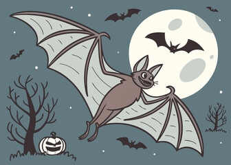 Spooky Halloween night vector illustration featuring a witch on a broomstick, bats, and a full moon with a dark tree silhouette