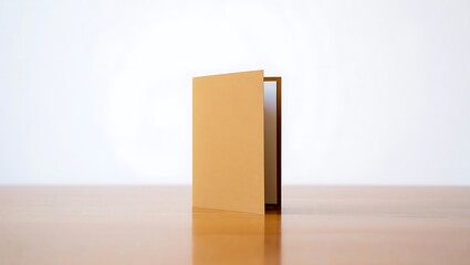 A single tan colored book standing open on a shiny surface against a white background in a studio shot