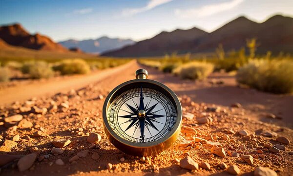 Compass on a dirt road amidst mountains
