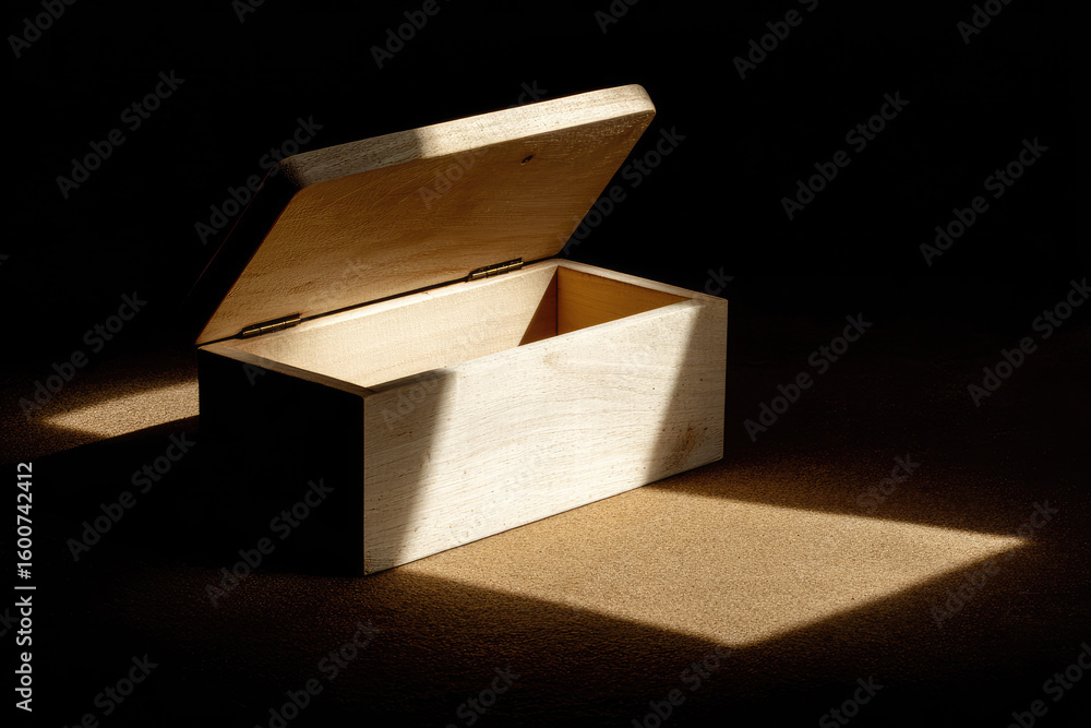 Poster wooden box open lid sunlight shadow empty rectangular light wood calm minimal storage. wooden box wi