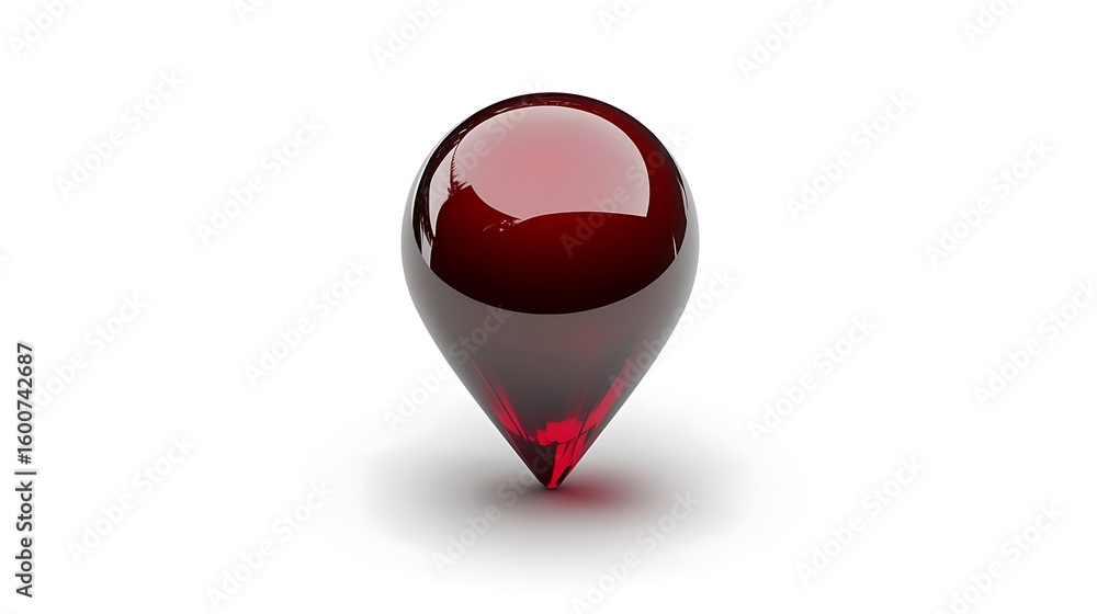 Poster 3d vector navigation pin icon with glossy finish, deep red hue, resting on a solid white background