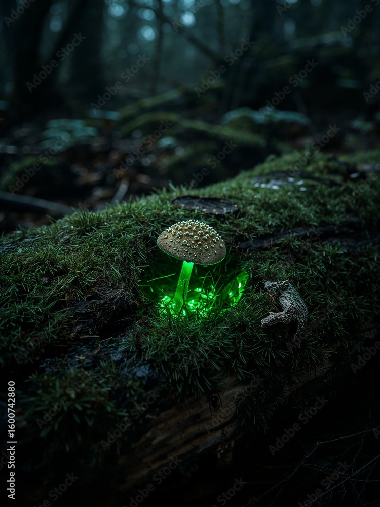 Poster glowing mushroom in a dark forest with moss covered log and blurred trees in the background scene vi