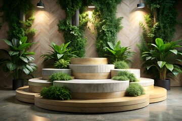 Multilevel display platforms adorned with lush greenery and plants