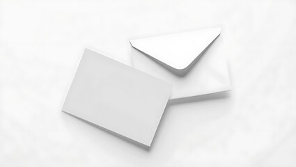 A blank white card and envelope laying on a white surface in a minimalist composition style image