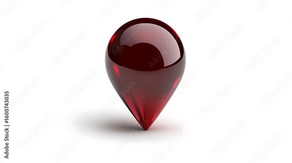Poster 3d vector navigation pin icon with glossy finish, deep red hue, resting on a solid white background