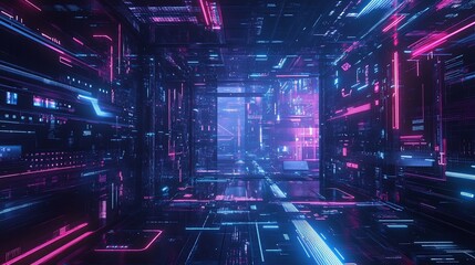 Abstract digital corridor illuminated with pink and blue neon light effects
