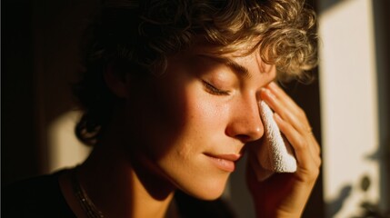 Fototapeta premium Person gently wiping their face with a cloth while illuminated by soft light in a cozy indoor setting during late afternoon