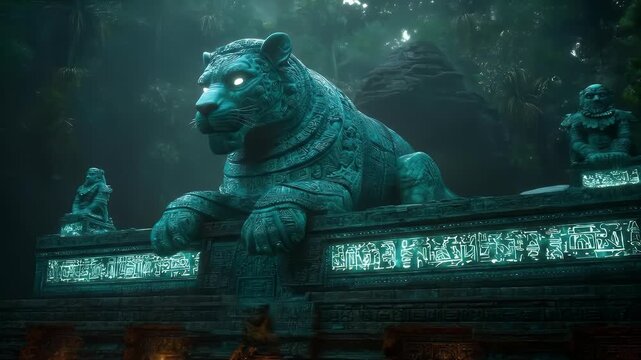 Mystical jade tiger sculpture atop an ancient jungle temple