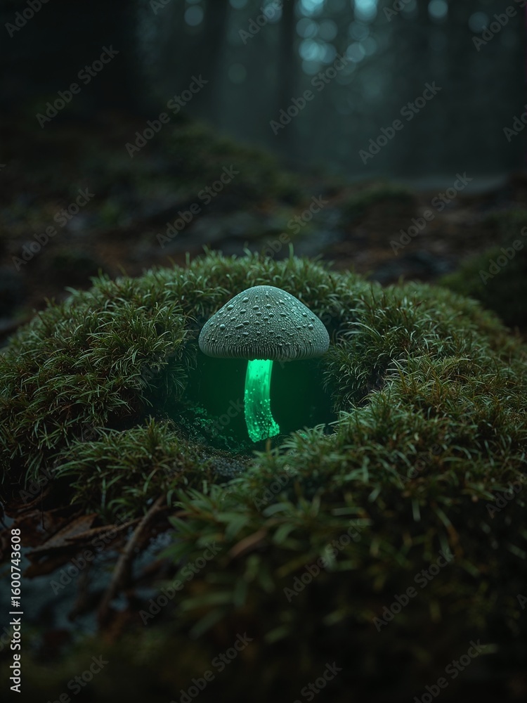 Poster a glowing mushroom in a forest setting surrounded by green moss and dark trees in the background vie