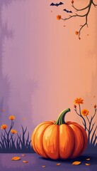 Pastel Halloween Pumpkin with Bats and Flowers in Autumn Landscape