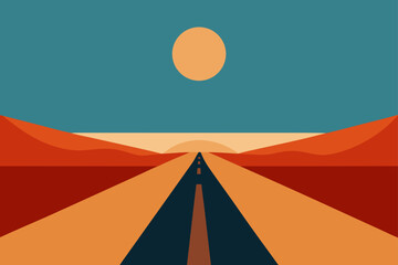 minimalist desert road vanishing into sun drench