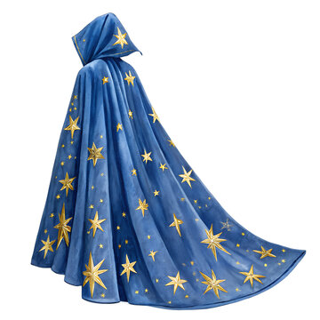 Blue hooded cloak with gold stars on transparent background