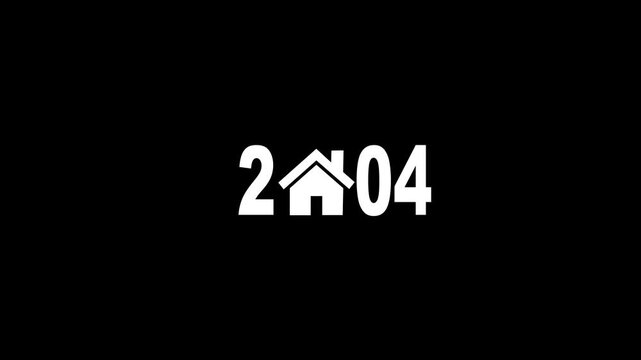 Pointing at 2004 with a glowing house icon representing real estate growth and marker innovation .Perfect for property investment , finance on black background 4 k animation video 