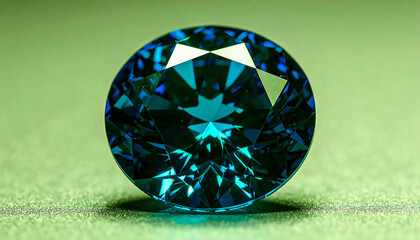 SAPPHIRE in a faceted ROUND shape lies on a green surface; flat lay; wallpaper