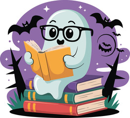 Cute Bookworm Ghost Reading on Stack of Books  Halloween Study Character


