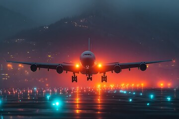**A Hyper-Realistic Nighttime Scene Of A Wide-Body Passenger Jet Standing Still On A Runway Under Bright Overhead Airport Floodlights. The Airplane Is Captured From The Front At A Low Angle, With All 