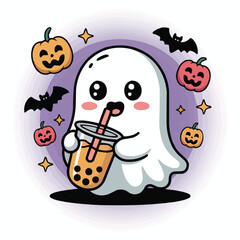 Boba Ghost  Cute Halloween Bubble Tea Character Vector

