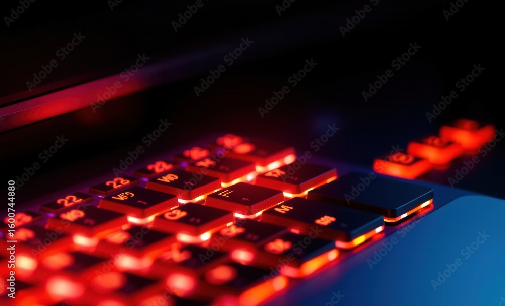 Poster a photograph showcasing a close up of a computer keyboard with vibrant colorful lights close-up of k