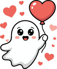 Cute Ghost Holding Heart Balloon  Adorable Love Valentine Cartoon

