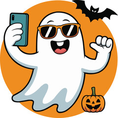 Selfie Ghost in Sunglasses  Cute Halloween Cartoon with Pumpkin and Bat

