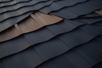 Obraz premium Close up of weathered asphalt roofing shingles with a textured pattern and varying shades of gray and brown