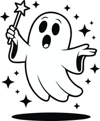 Magical Ghost Holding Wand  Minimal Cute Halloween Wizard Cartoon

