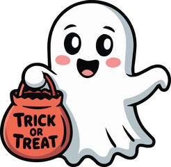 Cute Halloween Ghost Holding Trick or Treat Bag Cartoon

