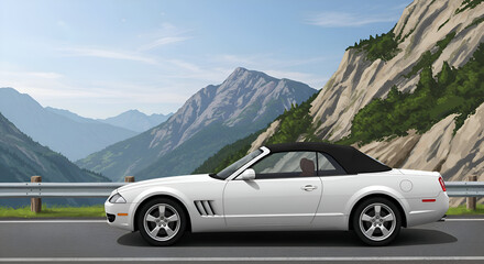 Naklejka premium A white convertible car parked on a mountain road in the Swiss Alps. Modern vehicle parked along scenic route with alpine backdrop.