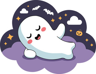 Cute Sleeping Ghost on Purple Cloud  Halloween Cartoon Vector

