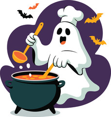 Funny Ghost Chef Cooking Halloween Soup  Cartoon Vector Illustration

