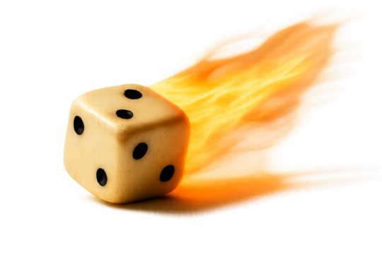 Dice with flame trail in motion and transparent background