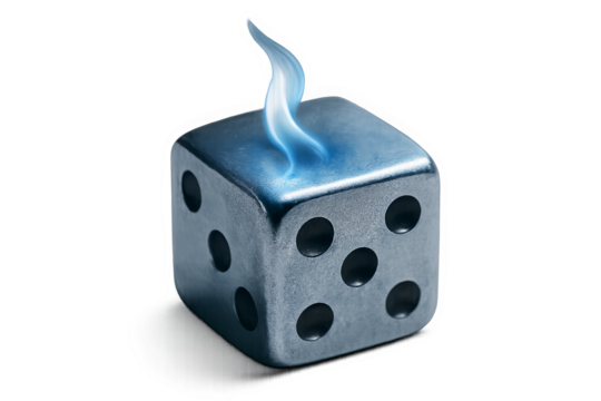 Metallic dice with blue flame and transparent background