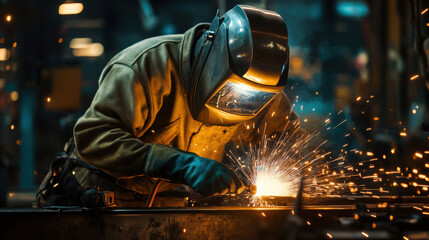 A welder working with a welding machine creating sparks in a dark industrial environment setting