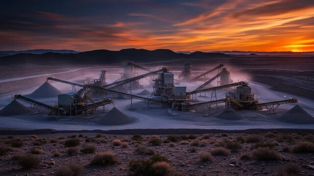 Dramatic sunset over a desert landscape with a fully operational quarry, highlighting extraction