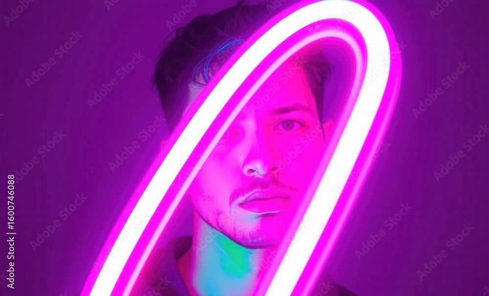 Poster a person is partly visible and obscured by a neon light in a modern artistic and colorful compositio