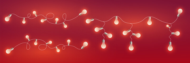 Realistic glowing Christmas garland on a red background, holiday decoration.