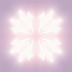 Bright glowing abstract geometric pattern resembling a snowflake or star with soft pastel pink and purple background, futuristic energy design, minimal artistic