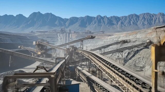 Dynamic scenes showcase of a large-scale mining operation with conveying systems, mountain