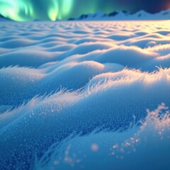 Snowy landscape under the northern lights with pristine snowdrifts and mountain peaks in the distance, creating a magical winter scene at night with vibrant aurora