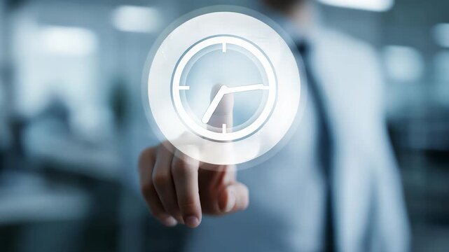 Businessman Touching Time Clock Icon Symbolizing Effective Time Management, Work Schedule Tracking, Employee Attendance, Productivity Optimization, Video